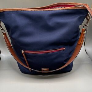 Dooney and Bourke Nylon Navy Blue and Brown Leather Shoulder Bag Dooney Bourke